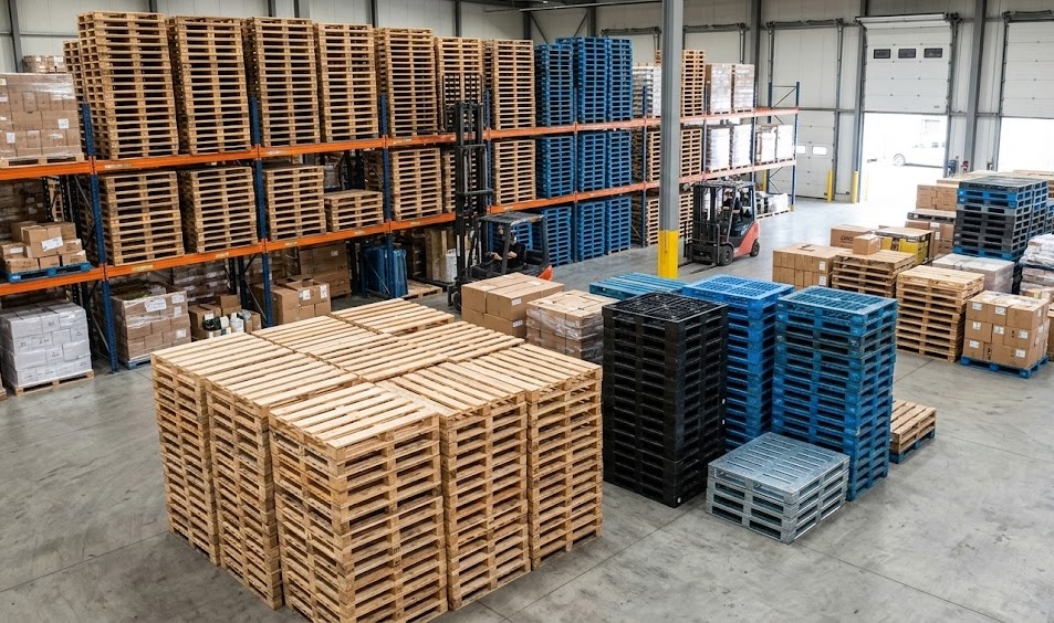 Stockton Pallet Co. warehouse — wood and plastic pallets organized on racking systems