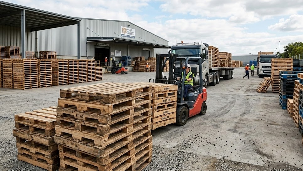 Fleet truck being loaded with pallets by forklift
